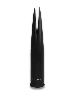 Black, sleek, elongated sculpture with a split top, resembling a stylized caliper, displayed against a white background. The word "PRIVÉ" is printed near the base.