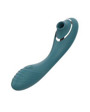 A teal personal massager with a curved shape and a circular opening near the top end.