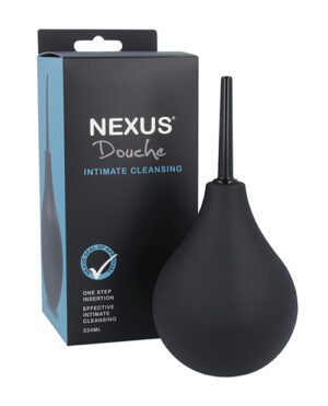 An enema bulb for intimate cleansing is displayed next to its packaging which is labeled "NEXUS Douche" in black and blue colors.
