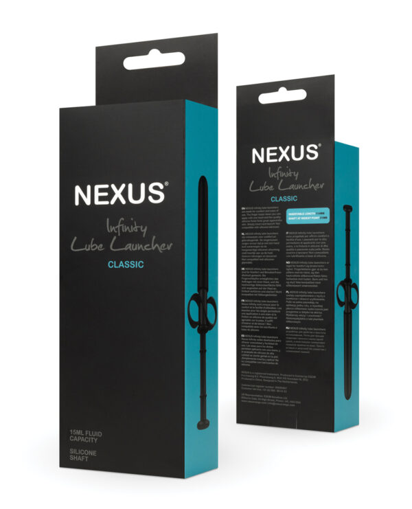 Front and back view of the Nexus Infinity Lube Launcher Classic, showcasing its sleek design and product details.