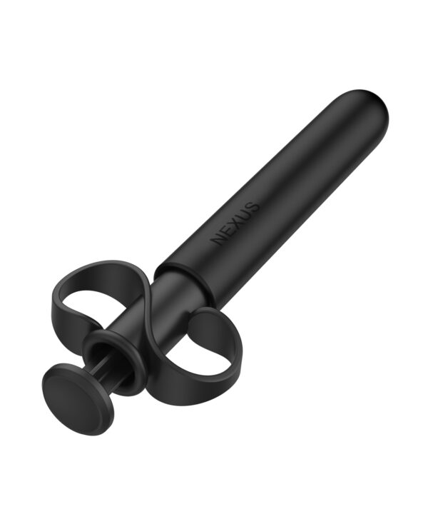 A sleek black sexual wellness device featuring curved handles and a rounded tip.