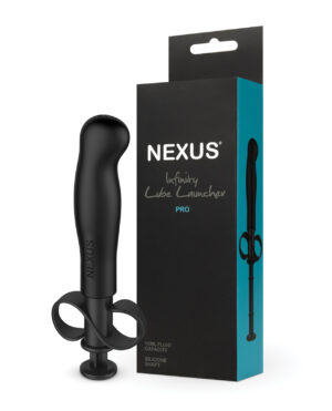 Nexus Infinity Lube Launcher Pro::A black silicone lube launcher with a soft grip handle, displayed next to its packaging that highlights its features.