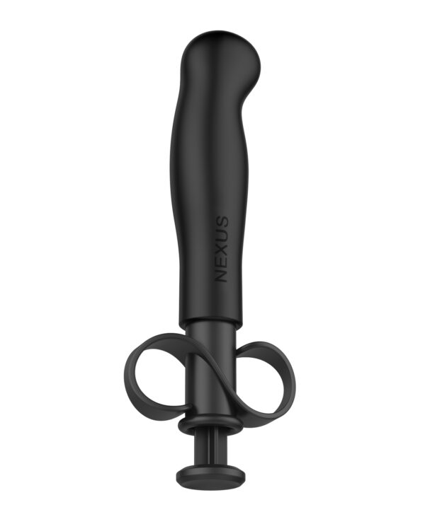 A sleek, black personal massager featuring an ergonomic design with a unique handle for added control and comfort.