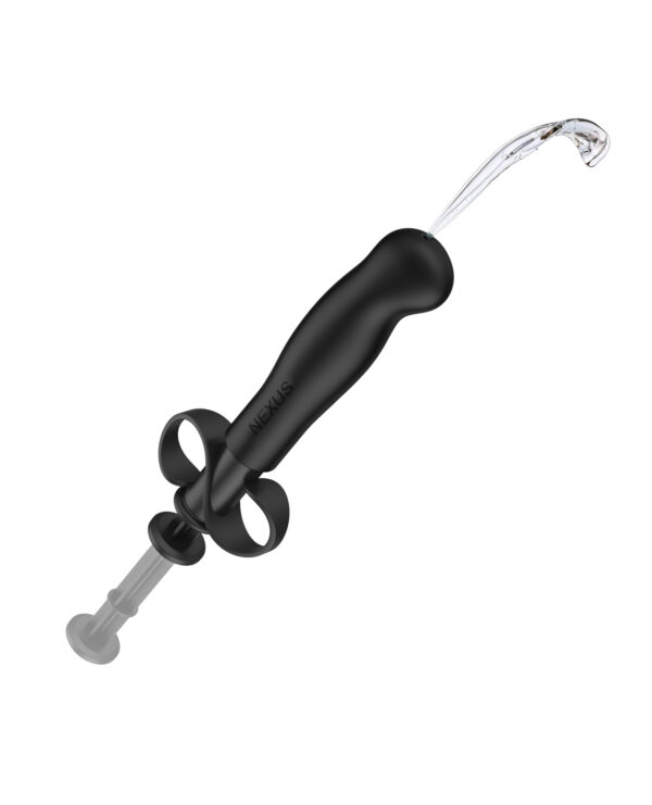 A sleek black anal douche with a flexible nozzle for easy cleaning and comfort, featuring a dual-ring handle for enhanced grip.