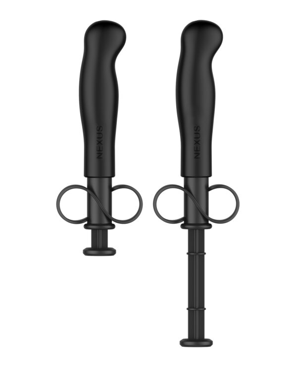 Two sleek black pleasure devices featuring ergonomic designs and flexible handles for enhanced usability.