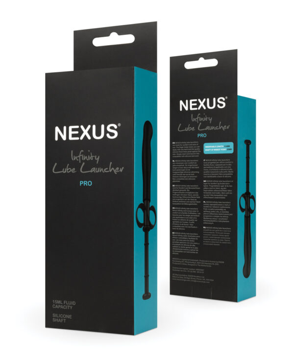 NEXUS Infinity Lube Launcher Pro :: A sleek packaging design for the NEXUS Infinity Lube Launcher Pro, showcasing its features and multilingual instructions.