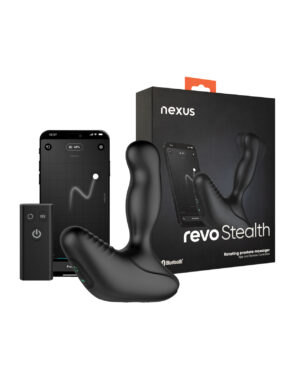 A rotating prostate massager with Bluetooth app control and remote, featuring sleek black design and packaging.