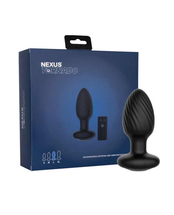 Image of a Nexus Tornado product packaging and the device; a rechargeable rotating and vibrating personal pleasure aid displayed beside its box.