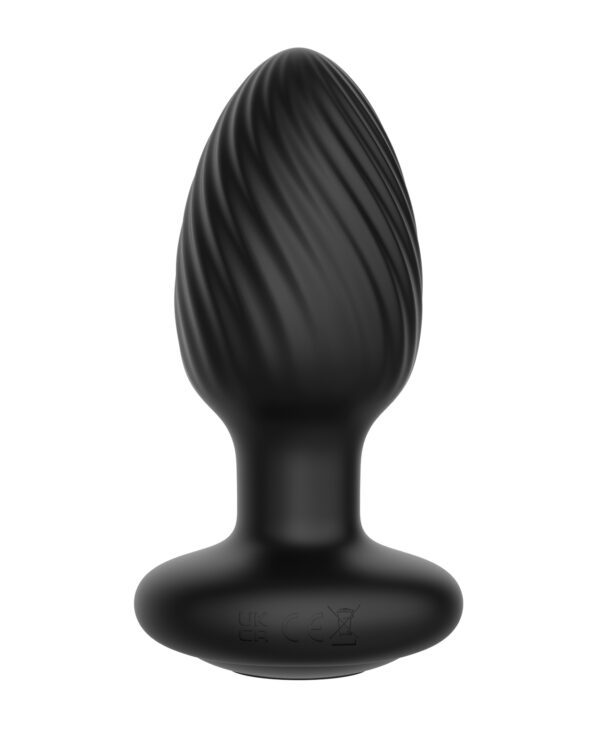 A black, swirl-patterned anal plug with a flared base, isolated on white background