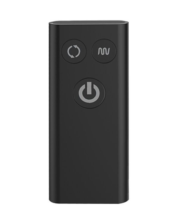 A sleek, black media streaming remote with power, microphone, and settings buttons visible.