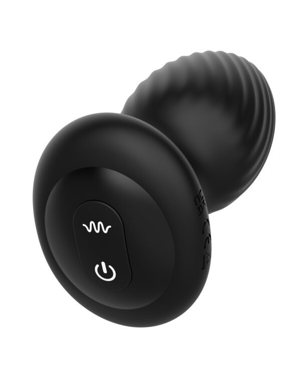 A single black wireless earbud with controls on the side, isolated on a white background.