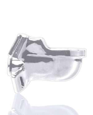 A shiny metallic whistle with a reflective surface on a white background.