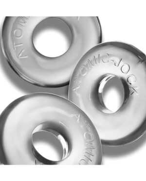 Three silver-colored rings with the words "ATOMIC-JOCK" embossed on them, overlapping each other diagonally.
