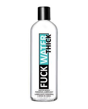 A clear bottle containing a water-based personal lubricant with bold text on the label.