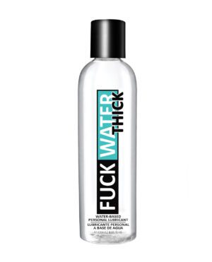 A clear bottle of water-based personal lubricant with prominent label text.