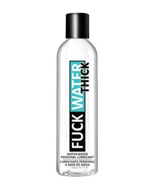 A bottle of water-based personal lubricant with label details in English and Spanish.