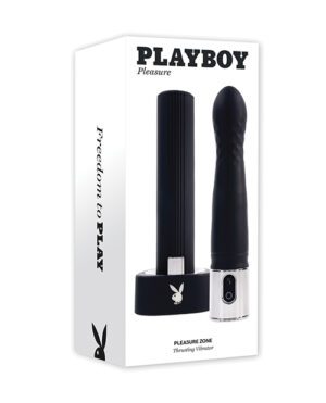 Product packaging for a black Playboy brand thrusting vibrator with a logo and product name, placed next to its white box that reads 'Pleasure' and 'Freedom to Play'.