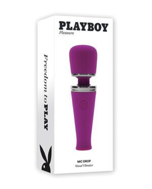 Product packaging for a Playboy-branded personal massager, named "Mic Drop Wand Vibrator", predominantly purple, displayed against a white background.