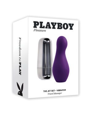 A product packaging box labeled "PLAYBOY Pleasure" with an image of two massagers, one silver and one purple, displayed next to it with the text "The Jet Set - VIBRATOR Travel Massager" below.