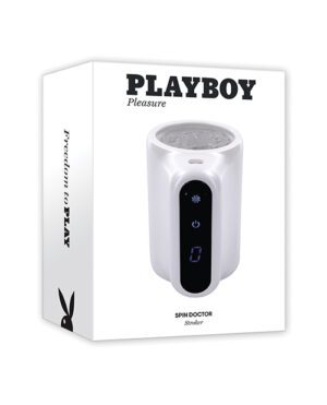 A white product box with the "PLAYBOY" logo and the words "Pleasure" and "Perfection in PLAY" next to an electronic device with digital display labeled "SPIN DOCTOR Stroker."