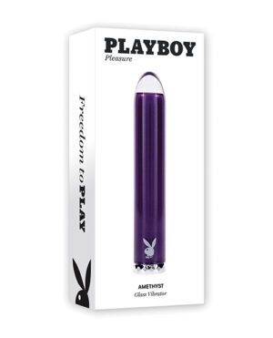 Product packaging of a Playboy branded amethyst-colored personal massager.