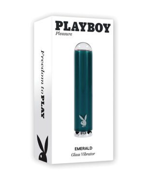 A product image featuring an emerald green glass vibrator, called "PLAYBOY Pleasure EMERALD Glass Vibrator", displayed next to its white packaging box with the Playboy logo and the tagline "Freedom to PLAY".