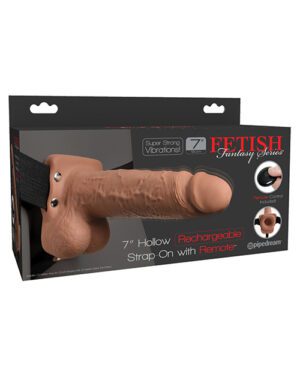 Fetish Fantasy Series 7" Hollow Rechargeable Strap On w-Remote - Tan