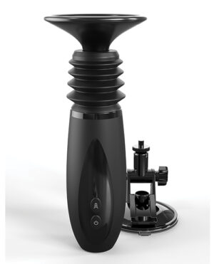 A black modern hookah with a sleek design, featuring a ribbed body and a wide top bowl, with a pipe and valve system attached to a circular base.