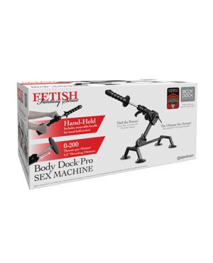 Box of the Fetish Fantasy Series Body Dock-Pro Hand-Held Sex Machine with product information and branding visible.