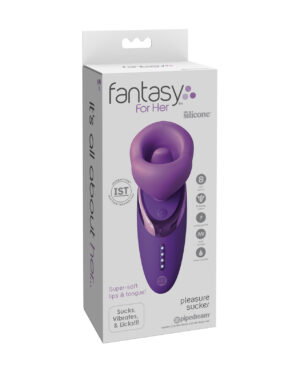 Packaging of a silicone pleasure device featuring super-soft lips and tongue, with descriptions of its functions including suction, vibration, and waterproof features.