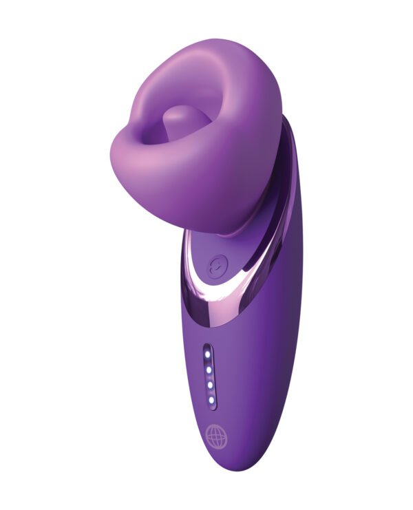 A purple, ergonomic vibrator featuring a soft top and LED indicators for ease of use.