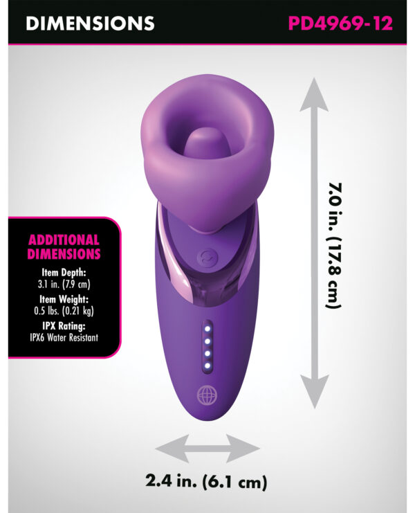 A detailed illustration showing the dimensions and specifications of a purple device, including its height of 7.0 inches, depth of 3.1 inches, width of 2.4 inches, weight of 0.5 lbs, and its IPX6 water resistance rating.