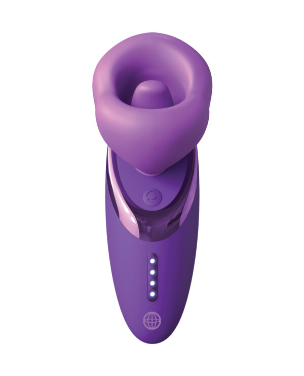 A purple personal massager with a unique design, featuring a rounded tip and multiple indicator lights for functionality.