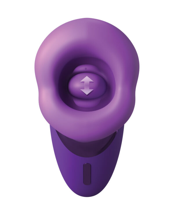 An overhead view of a purple vibrating device with a smooth ergonomic design and directional control button.