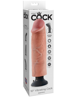 A 10-inch vibrating dildo packaged in a box, highlighting features like multi-speed settings and waterproof design, with a prominent brand logo.