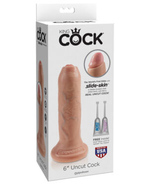 Packaging for the King Cock 6" Uncut Dildo featuring slide-skin technology and free lubricants included.