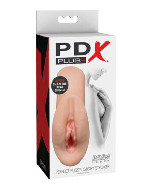 A close-up view of the PDX Plus Perfect Pussy Glory Stroker packaging, featuring a lifelike design and bold branding.