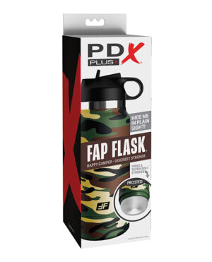 Packaging for a "Fap Flask" product with camouflage design, advertised as a discreet stroker that hides in plain sight, from the brand PDX PLUS.