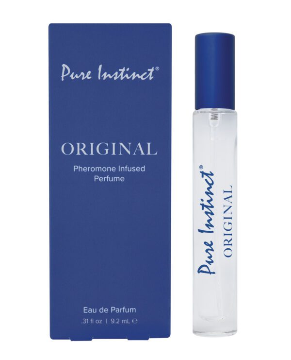 A bottle of Pure Instinct Original Pheromone Infused Perfume next to its packaging.