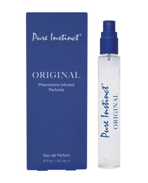 A blue box labeled "Pure Instinct Original" next to a clear spray bottle with the same label indicating pheromone-infused perfume.