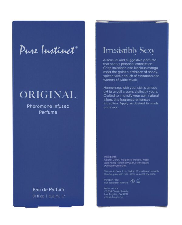 Two blue boxes of Pure Instinct perfume, one labeled "ORIGINAL Pheromone Infused Perfume" and the other with a description "Irresistibly Sexy" and ingredients list.