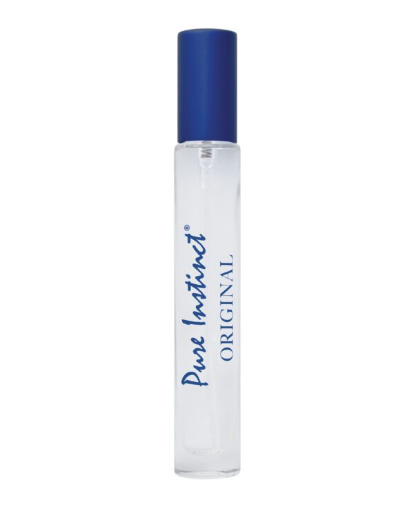 A clear glass bottle of 'Pure Instinct Original' fragrance with a blue cap on a white background.