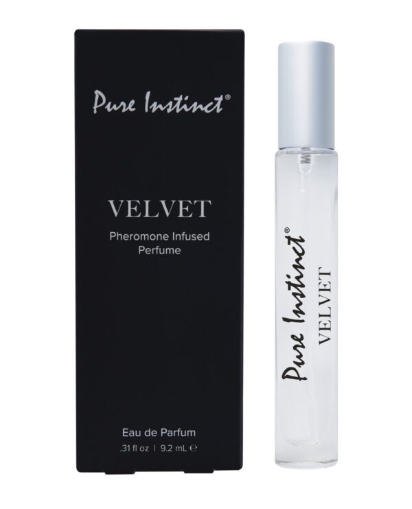 A black box labeled "Pure Instinct VELVET Pheromone Infused Perfume" next to a clear bottle with the same branding containing perfume.