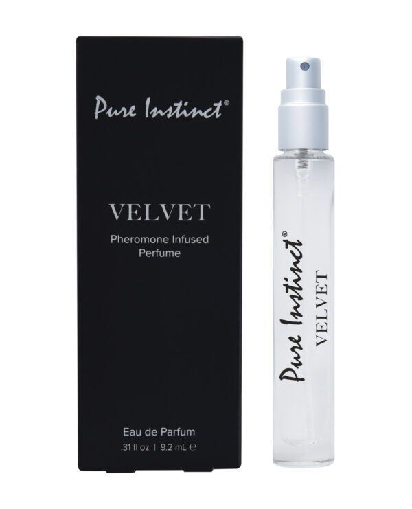 A black packaging box with white text next to a transparent perfume bottle labeled 'Pure Instinct VELVET'.