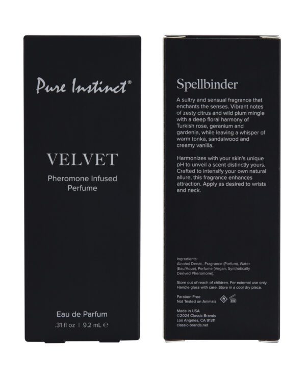 Two boxes of Pure Instinct Velvet pheromone-infused perfume with detailed product descriptions and ingredients.