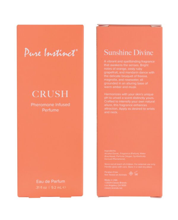 Two boxes of Pure Instinct perfume, one labeled "CRUSH" and the other "Sunshine Divine", displaying product descriptions and ingredients.