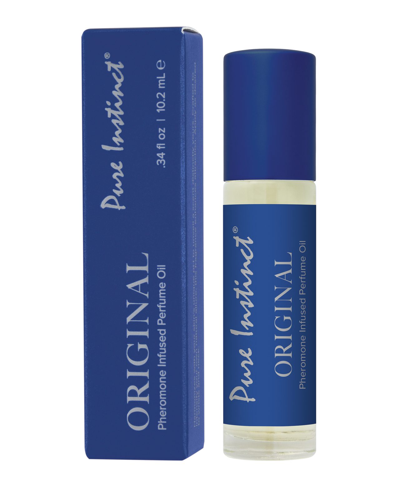 A bottle of Pure Instinct Original Pheromone Infused Perfume Oil with blue packaging and a rollerball applicator.