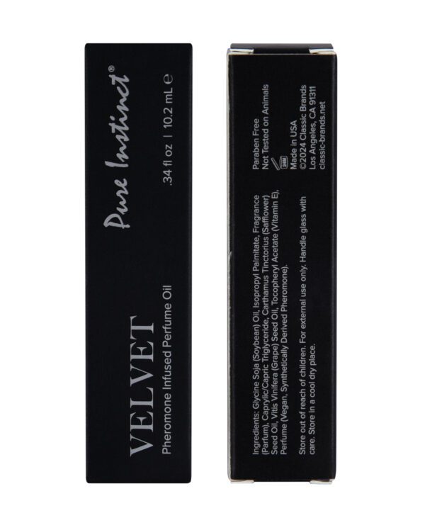 Two views of a black perfume oil box labeled 'Pure Instinct VELVET' indicating pheromone infusion, 3.4 fl oz size, with additional product information on the side panel.