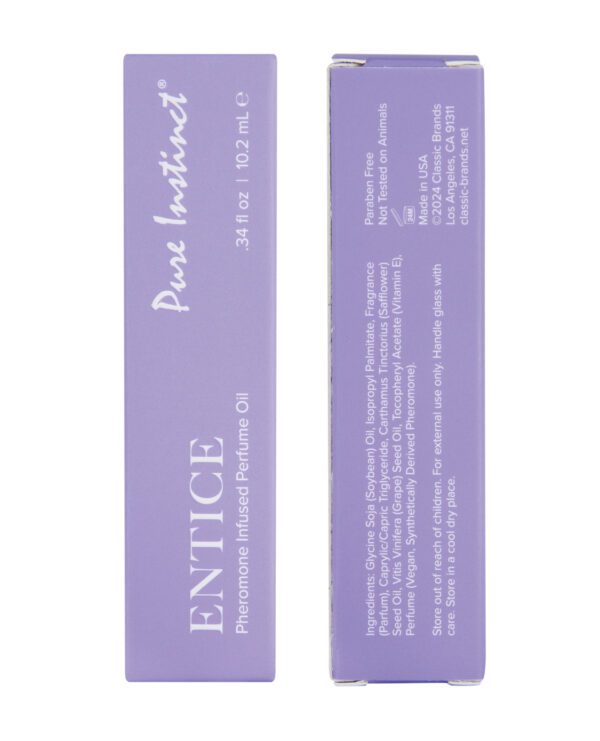 Two angles of a purple box packaging for Entice Pheromone Infused Perfume Oil, showcasing brand and product information.