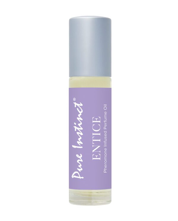 A roll-on bottle of Pure Instinct Entice Pheromone Infused Perfume Oil against a white background.